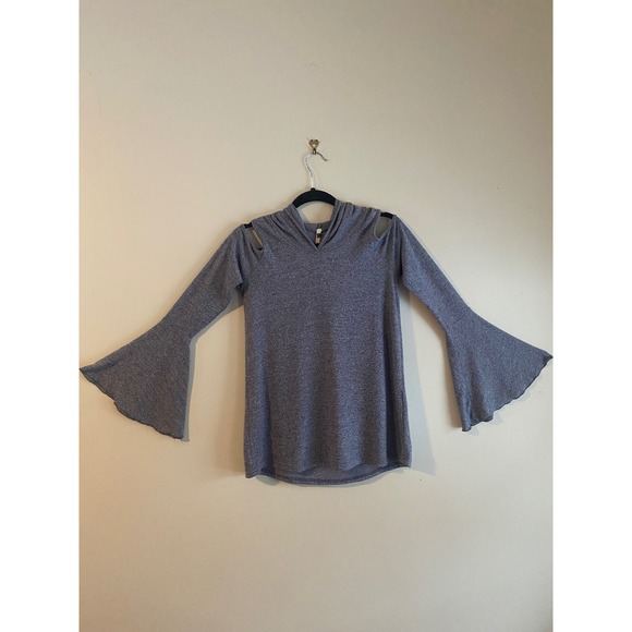 Poof! Tops - Poof! Soft Cozy Knit Blue Grey Heather Cold Shoulder Pullover Hoodie Size S